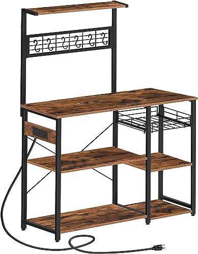 HYGRAD BUILT TO SURVIVE 4 Tier Industrial Look Wooden Multipurpose Kitchen Home Storage Rack Table Shelf With Hooks & Basket