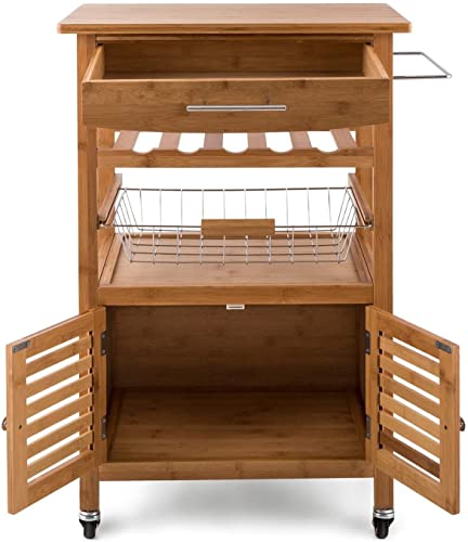 HYGRAD BUILT TO SURVIVE Bamboo Wood Rolling Kitchen Cart Trolley Dining Island Drawer Wine Rack Cabinet Storage Organiser Louisiana Kitchen Trolley Serving Rolling Cart with Numerous Storage Options