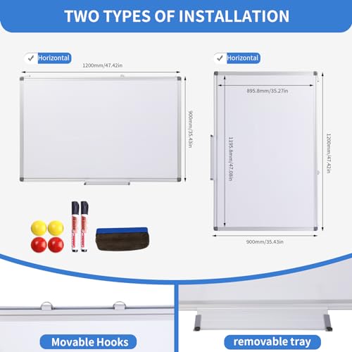 Whiteboard Magnetic Wall Mounted Aluminium Board Dry Erase for Office Home School in 2 Sizes (120 x 90cm)