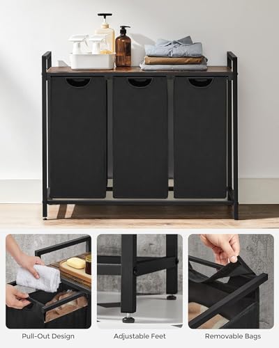 Large Industrial Wooden/Metal Laundry Hamper Basket Bin Organiser 3 x Removable Bags (30L Each)