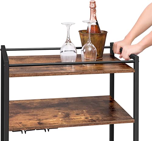 HYGRAD BUILT TO SURVIVE 3 Tier Rolling Industrial Design Rustic Look Wooden Kitchen Food Serving Cart Trolley With Wheels & Glass Hooks
