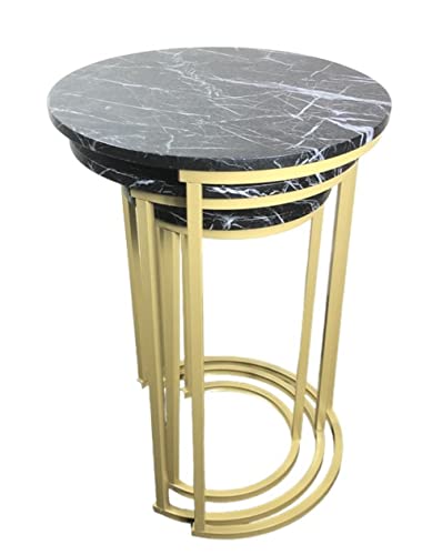 Set of 3 Round Vintage Wooden/Steel Nesting Side Coffee Tables Stacking Sofa Side, Space Saving Coffee Tea Table for Hallway Living Room Bedroom Office Black Marble Look Large, Medium & Small (White)