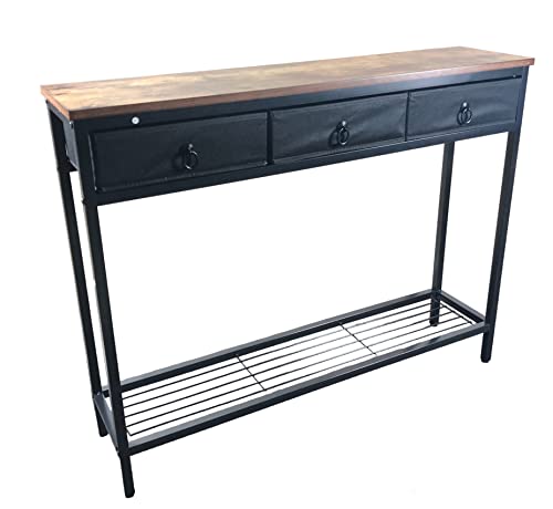 Console Table, Hallway Table, Slim Sofa Table with 3 Non-woven Drawers, Metal Mesh Frame, Sturdy, Narrow Side Table for Small Spaces, Entrance, Living Room, Industrial, Rustic Brown