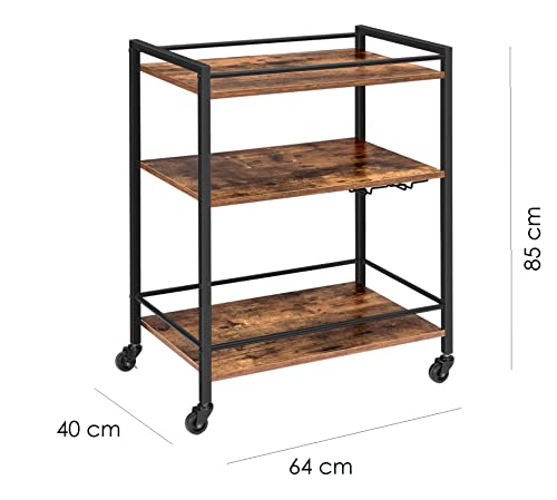 HYGRAD BUILT TO SURVIVE 3 Tier Rolling Industrial Design Rustic Look Wooden Kitchen Food Serving Cart Trolley With Wheels & Glass Hooks