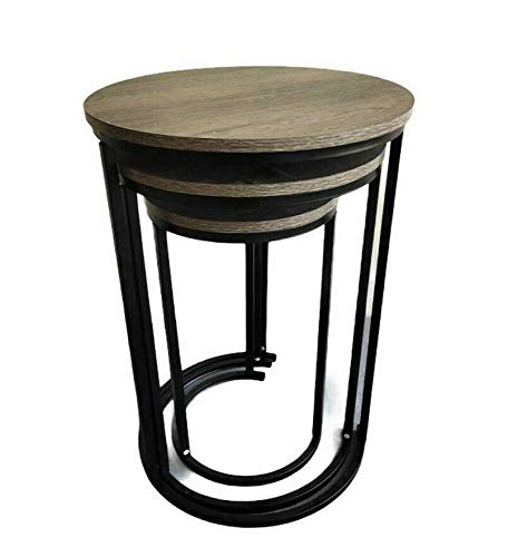 Set of 3 Round Vintage Wooden/Steel Nesting Side Coffee Tables Stacking Sofa Side Tables, Space Saving Coffee Tea Table for Hallway Living Room Bedroom Office Rustic Brown+Black, Round