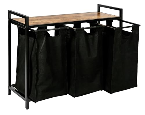 Large Industrial Wooden/Metal Laundry Hamper Basket Bin Organiser 3 x Removable Bags (30L Each)