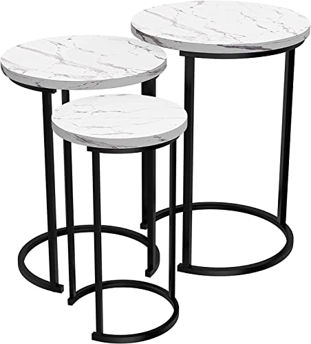 Set of 3 Round Vintage Wooden/Steel Nesting Side Coffee Tables Stacking Sofa Side, Space Saving Coffee Tea Table for Hallway Living Room Bedroom Office White Marble Look Large, Medium & Small (White)