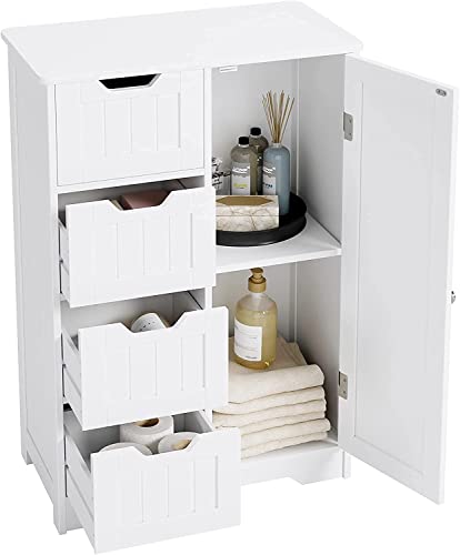 HYGRAD BUILT TO SURVIVE Bathroom Floor Cabinet Cupboard Free Standing Wooden Cabinet Storage Unit with 4 Drawers & 1 Door, Adjustable Shelf, White