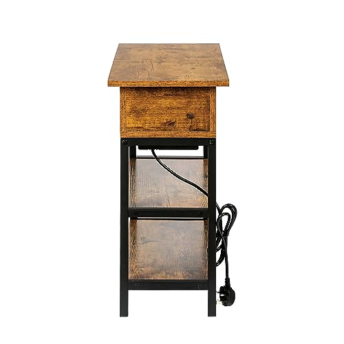 HYGRAD BUILT TO SURVIVE 3 Tier Industrial Look Wooden Metal Flip Top Rolling Wheels Portable End Side Table With UK Charging Station & USB Ports