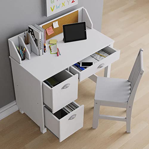 Wooden White Study Desk for Children with Chair, Bulletin Board and Drawers, Gift for Ages 5-14 Computer Desk Home School Student Study PC Writing Desks Table for Small Spaces Teen Work