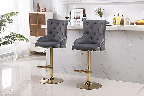 HYGRAD BUILT TO SURVIVE Velvet Upholstery 360 Degree Swivel Breakfast High Bar Home Kitchen Pub Stools Chair Seat With Gas Lift & Metal Base (2, Grey)