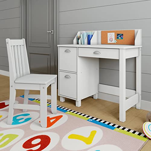Wooden White Study Desk for Children with Chair, Bulletin Board and Drawers, Gift for Ages 5-14 Computer Desk Home School Student Study PC Writing Desks Table for Small Spaces Teen Work