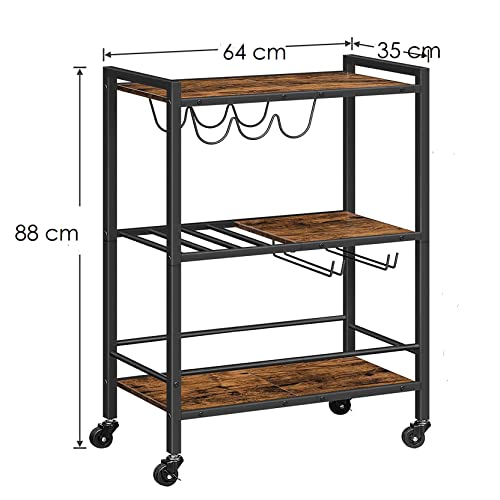 3 Tier Rolling Industrial Design Rustic Wooden Bar Kitchen Food Serving Cart Trolley Wheels Bar Cart, Kitchen Cart with Lockable Wheels, for Dining Rooms, Living Room, Garden, Party, Bar