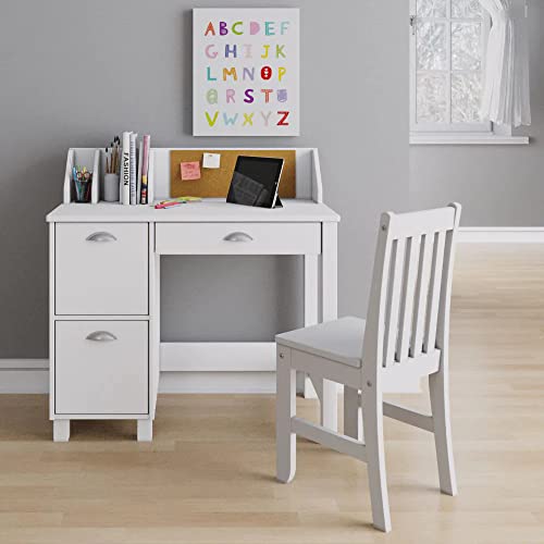 Wooden White Study Desk for Children with Chair, Bulletin Board and Drawers, Gift for Ages 5-14 Computer Desk Home School Student Study PC Writing Desks Table for Small Spaces Teen Work