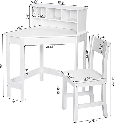 HYGRAD® White Study Table and 1 Chairs for Kids Unisex Xmas, Wooden Study Desk with Chair for Children, Writing Desk with Storage and Hutch Shelves for Home School with Tidy Shelf Organiser
