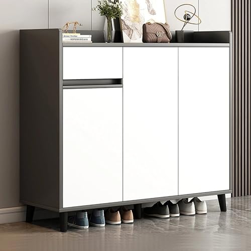HYGRAD BUILT TO SURVIVE Wooden Shoe Cabinet with 3 Doors 5-Tier Shoe Storage Organiser with 1 Drawer and 1 Cabinet Shoe Cupboard for Hallway, 90cm Wide (White/Grey)