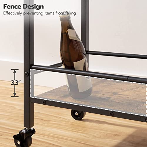 3 Tier Rolling Industrial Design Rustic Wooden Bar Kitchen Food Serving Cart Trolley Wheels Bar Cart, Kitchen Cart with Lockable Wheels, for Dining Rooms, Living Room, Garden, Party, Bar