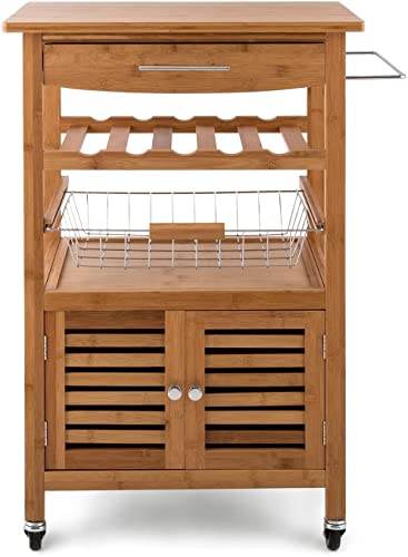 HYGRAD BUILT TO SURVIVE Bamboo Wood Rolling Kitchen Cart Trolley Dining Island Drawer Wine Rack Cabinet Storage Organiser Louisiana Kitchen Trolley Serving Rolling Cart with Numerous Storage Options