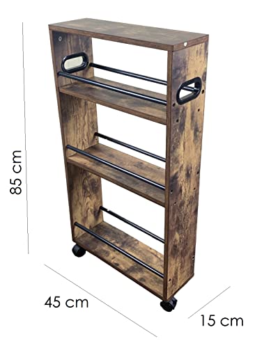 4 Tier Slim Storage Cart with Handle, Slide Out Storage Rolling Utility Cart Mobile Shelving Unit Organizer Trolley for Small Spaces Kitchen Laundry Narrow Places. Industrial Wooden Portable Organiser