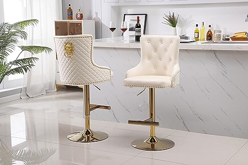 HYGRAD BUILT TO SURVIVE Velvet Upholstery 360 Degree Swivel Breakfast High Bar Home Kitchen Pub Stools Chair Seat With Gas Lift & Metal Base (2, Cream)