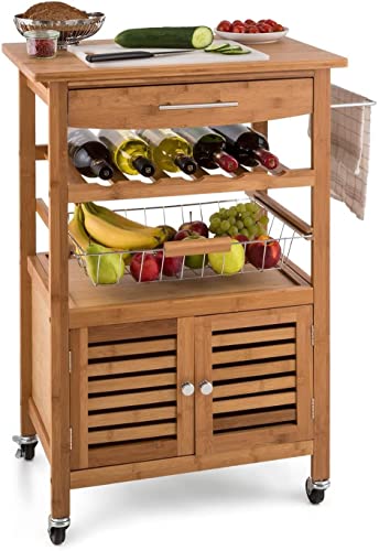 HYGRAD BUILT TO SURVIVE Bamboo Wood Rolling Kitchen Cart Trolley Dining Island Drawer Wine Rack Cabinet Storage Organiser Louisiana Kitchen Trolley Serving Rolling Cart with Numerous Storage Options
