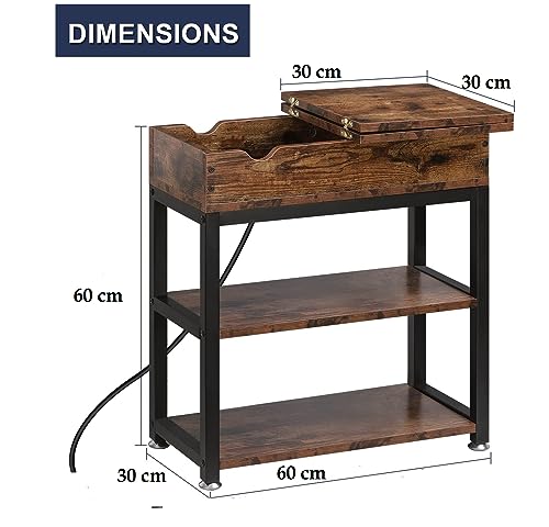 HYGRAD BUILT TO SURVIVE 3 Tier Industrial Look Wooden Metal Flip Top Rolling Wheels Portable End Side Table With UK Charging Station & USB Ports