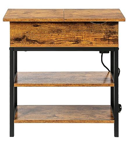 HYGRAD BUILT TO SURVIVE 3 Tier Industrial Look Wooden Metal Flip Top Rolling Wheels Portable End Side Table With UK Charging Station & USB Ports