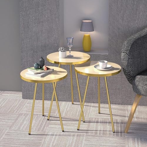 HYGRAD BUILT TO SURVIVE Set Of 3 Modern Chic Round Wood/Metal Nesting End Stacking Coffee Bedside Tables In 3 Colours (Beige)