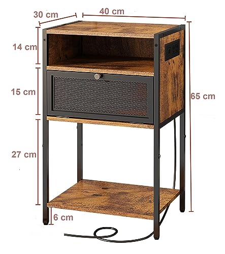 HYGRAD BUILT TO SURVIVE 3 Tier Industrial Look Wooden Nightstand Bedside Table With Drawer Storage & Charging Station UK Outlets USB Ports