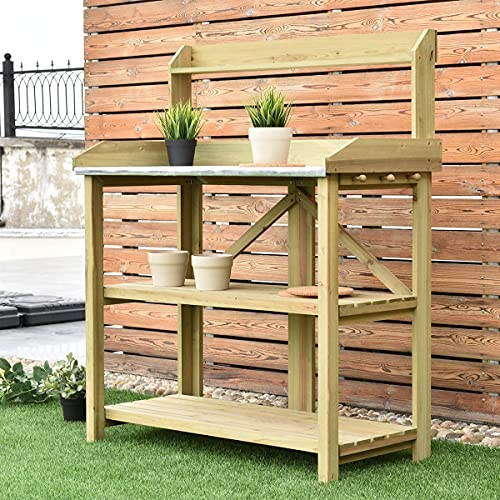 HYGRAD BUILT TO SURVIVE 3 Tier Wooden Potting Planting Outdoor Garden Work Bench Table Station Storage Shelf Tray Wood Garden Planting Work Station Bench with Hooks and Shelves for Patios/Courtyards,