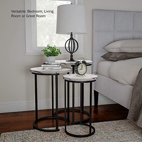 Set of 3 Round Vintage Wooden/Steel Nesting Side Coffee Tables Stacking Sofa Side, Space Saving Coffee Tea Table for Hallway Living Room Bedroom Office White Marble Look Large, Medium & Small (White)