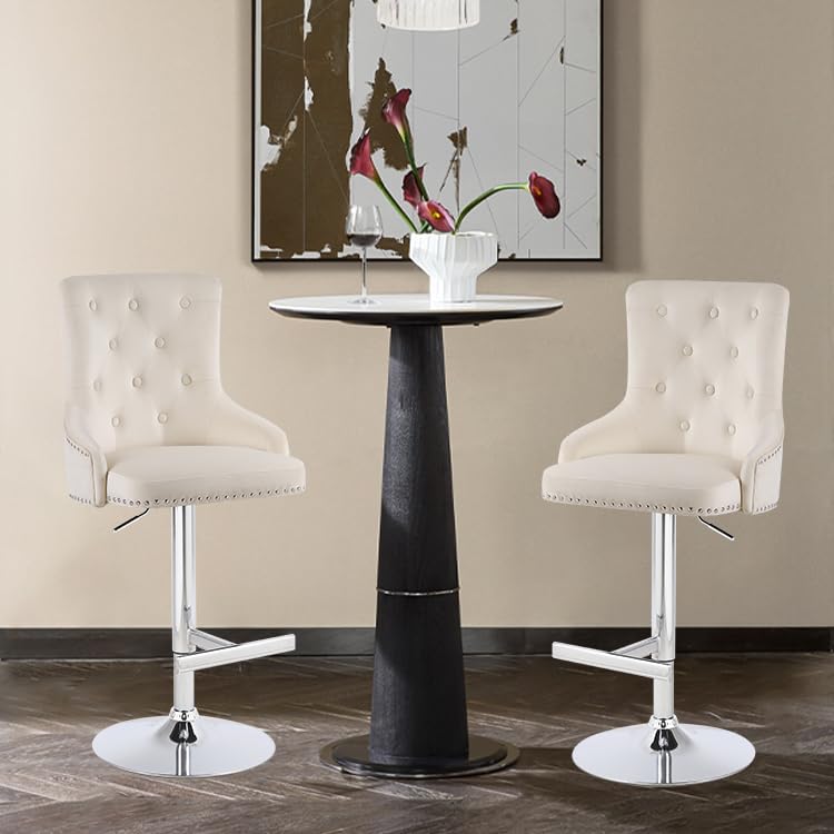 HYGRAD BUILT TO SURVIVE Velvet 360 Swivel Revolving Breakfast Bar Home Kitchen Pub Stools Chair Seat Gas Lift With Silver Metal Stand (2, Cream)