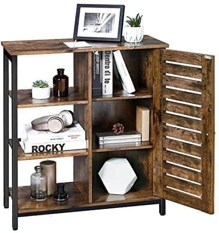 3 Tier Wood/Steel Industrial Style Rustic Cabinet Bookshelf Display Storage Unit With Slatted Door