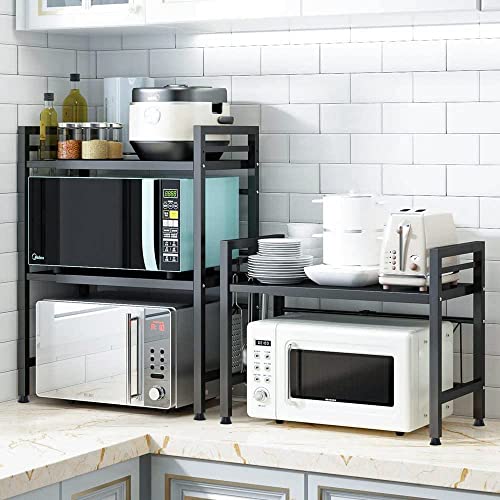 HYGRAD 2 Tier Heavy Duty Extendable Adjustable Microwave Oven Stand Kitchen Organiser Tidy Expandable Oven Rack, 2-Tier Counter Shelf and Organizer 3 Hooks, Carbon Steel Shelf, 55lbs Weight Capacity