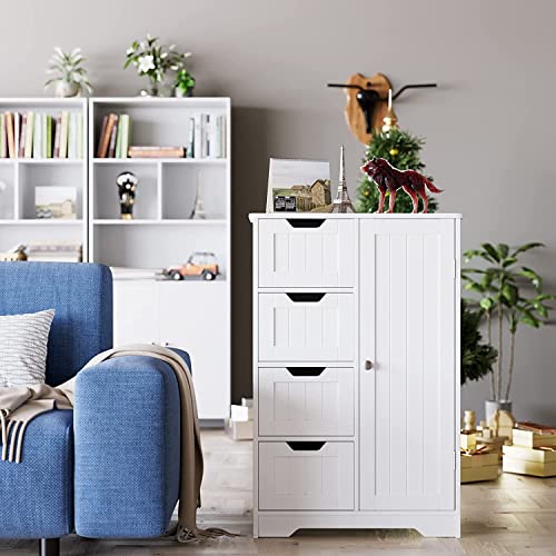 HYGRAD BUILT TO SURVIVE Bathroom Floor Cabinet Cupboard Free Standing Wooden Cabinet Storage Unit with 4 Drawers & 1 Door, Adjustable Shelf, White