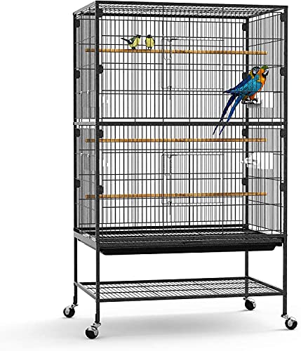 Large 132cm 2 Tiers Flight Cage Stand Wheels Rolling Portable Metal Bird Cage Wheels & Tray For Parrot for Cockatiels Quaker Sun Parakeets Green Cheek Conures Cockatoo Parrot Budgies Canary Budgie