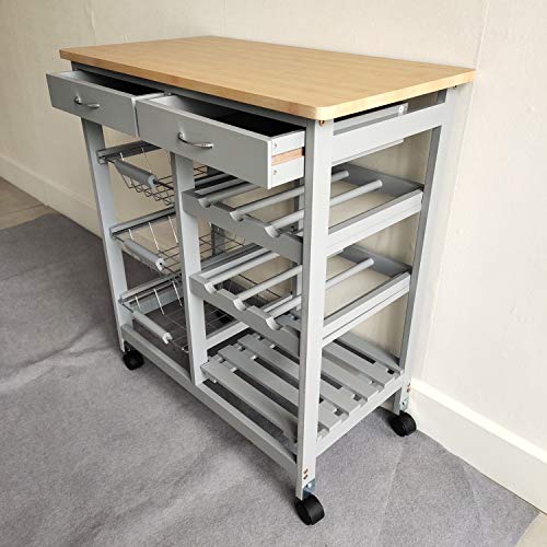 HYGRAD Kitchen Trolley MDF Top White Island Dining Cart Worktop Basket Storage Lockable Wheels Rolling Kitchen Portable Island Kitchen Trolley with Drawers and Open Shelf, Grey (Grey)