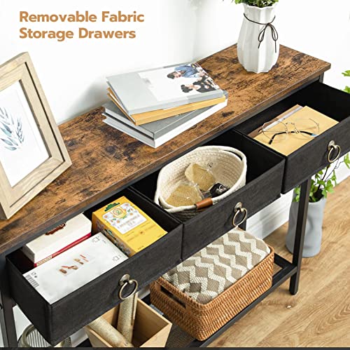 Console Table, Hallway Table, Slim Sofa Table with 3 Non-woven Drawers, Metal Mesh Frame, Sturdy, Narrow Side Table for Small Spaces, Entrance, Living Room, Industrial, Rustic Brown