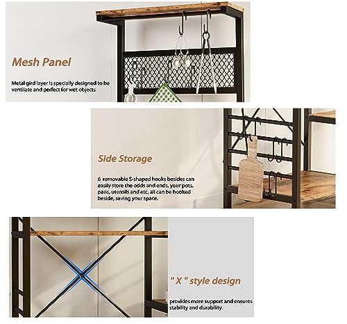 HYGRAD BUILT TO SURVIVE 4 Tier Industrial Look Wooden Multipurpose Kitchen Home Storage Rack Table Shelf With Hooks & Basket