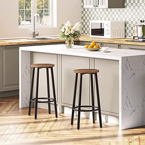 HYGRAD BUILT TO SURVIVE Set Of 2 Industrial Design Rustic Brown Round Wooden Bar Pub Kitchen Island Stools Chairs Seats Breakfast Bar Stools, Round Bar Chairs with Footrest, 24.4Inch Height