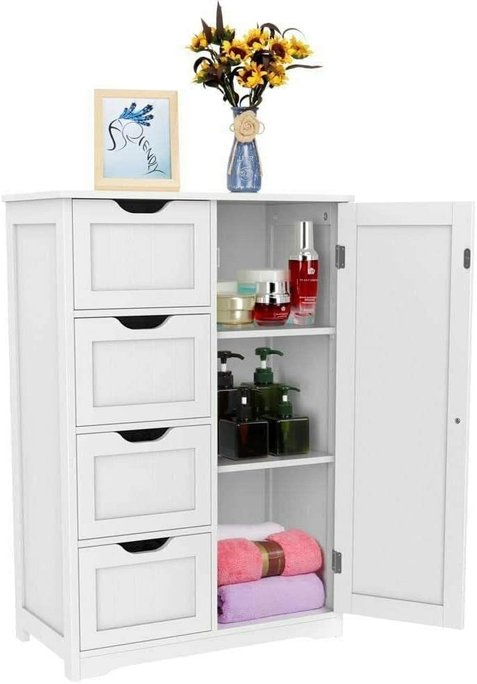 HYGRAD BUILT TO SURVIVE Bathroom Floor Cabinet Cupboard Free Standing Wooden Cabinet Storage Unit with 4 Drawers & 1 Door, Adjustable Shelf, White