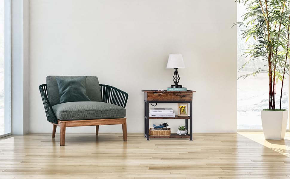 HYGRAD BUILT TO SURVIVE 3 Tier Industrial Look Wooden Metal Flip Top Rolling Wheels Portable End Side Table With UK Charging Station & USB Ports