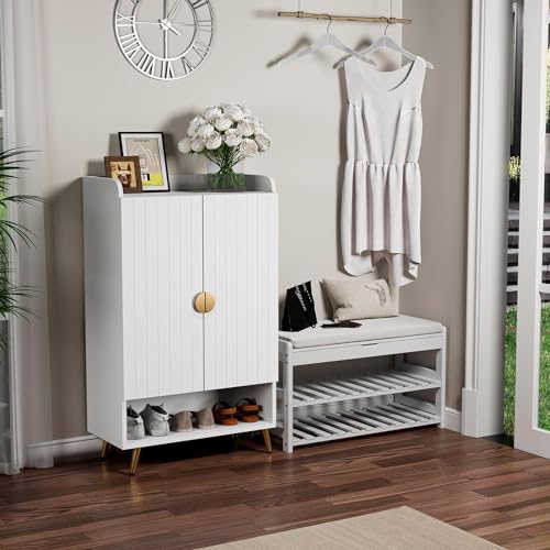 HYGRAD BUILT TO SURVIVE Modern Shoe Cabinet with 2 Doors, Open Shelf and Adjustable Shelves, Hallway Shoe Cupboard for 15 Pairs of Shoes, Entryway Storage Unit (White)