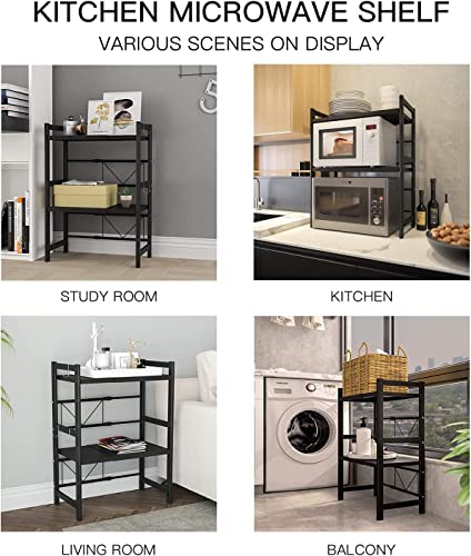 HYGRAD 2 Tier Heavy Duty Extendable Adjustable Microwave Oven Stand Kitchen Organiser Tidy Expandable Oven Rack, 2-Tier Counter Shelf and Organizer 3 Hooks, Carbon Steel Shelf, 55lbs Weight Capacity