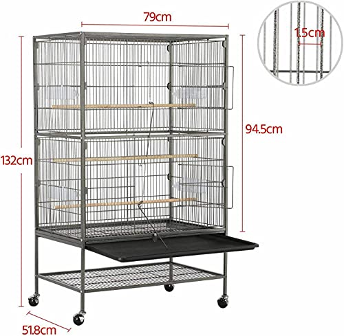 Large 132cm 2 Tiers Flight Cage Stand Wheels Rolling Portable Metal Bird Cage Wheels & Tray For Parrot for Cockatiels Quaker Sun Parakeets Green Cheek Conures Cockatoo Parrot Budgies Canary Budgie