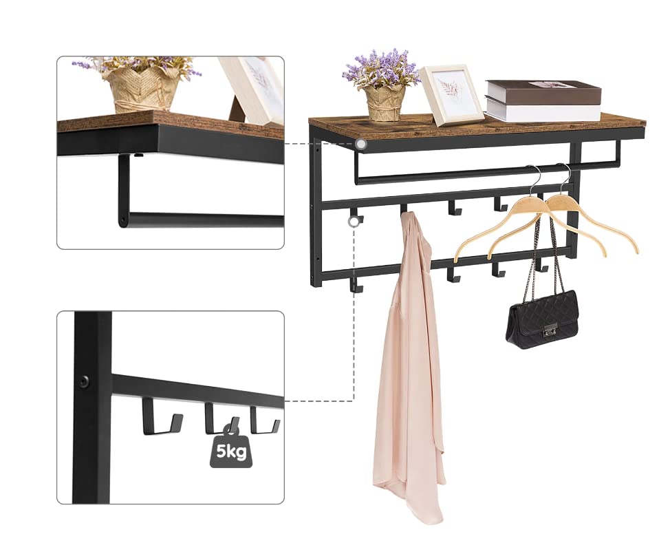 HYGRAD BUILT TO SURVIVE Coat Rack Wall-Mounted, Coat Hook with 10 Hooks and Shelf, 80 x 30 x 42 cm, Hanging Rail, for Entryway, Bathroom, Living Room, Laundry Room, Rustic Brown
