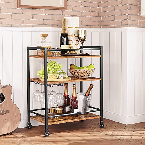 HYGRAD BUILT TO SURVIVE 3 Tier Rolling Industrial Design Rustic Look Wooden Kitchen Food Serving Cart Trolley With Wheels & Glass Hooks