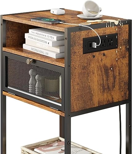 HYGRAD BUILT TO SURVIVE 3 Tier Industrial Look Wooden Nightstand Bedside Table With Drawer Storage & Charging Station UK Outlets USB Ports