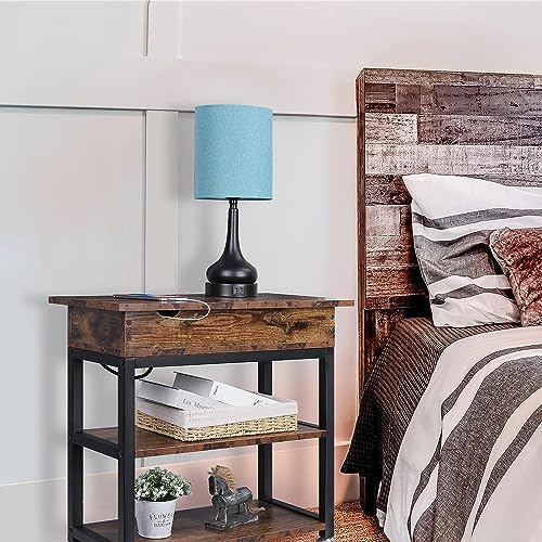 HYGRAD BUILT TO SURVIVE 3 Tier Industrial Look Wooden Metal Flip Top Rolling Wheels Portable End Side Table With UK Charging Station & USB Ports