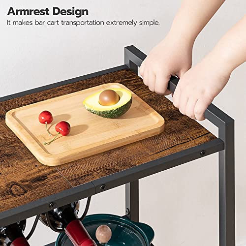3 Tier Rolling Industrial Design Rustic Wooden Bar Kitchen Food Serving Cart Trolley Wheels Bar Cart, Kitchen Cart with Lockable Wheels, for Dining Rooms, Living Room, Garden, Party, Bar